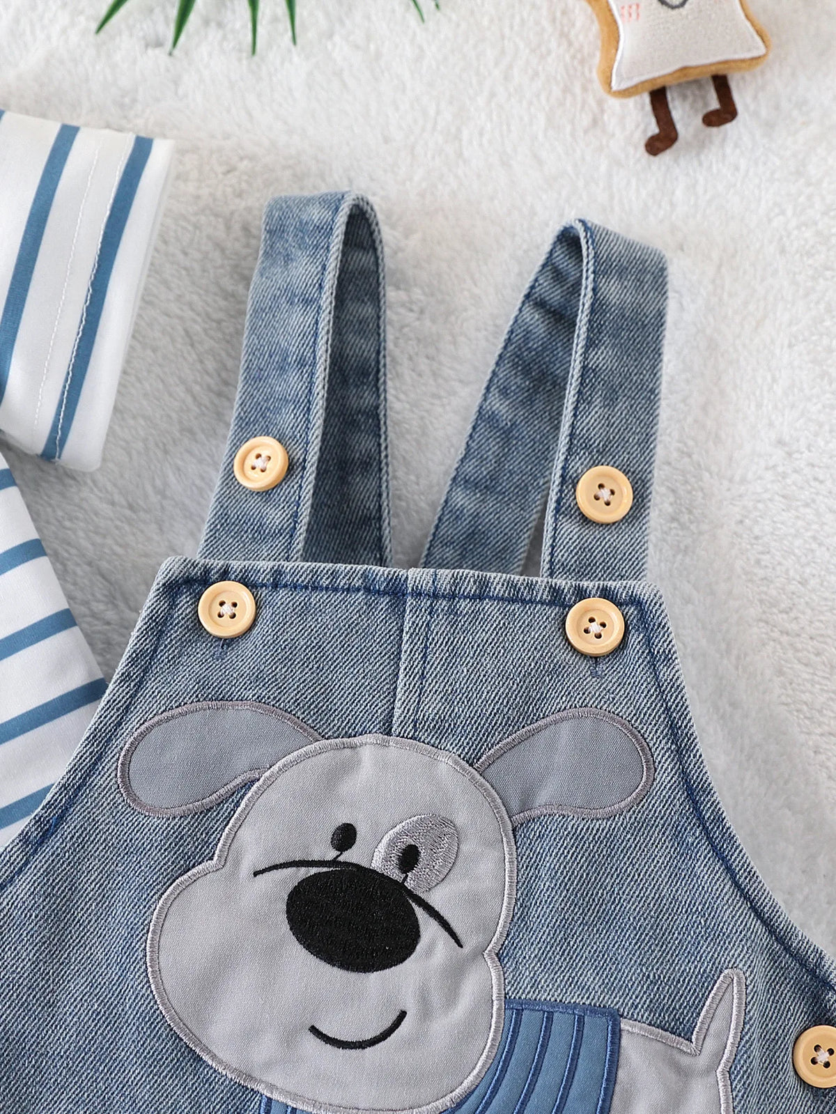 Baby Boy Striped T-Shirt + Cartoon Bear Denim Overalls Set, Cute Summer Casual Outfit for Going Out