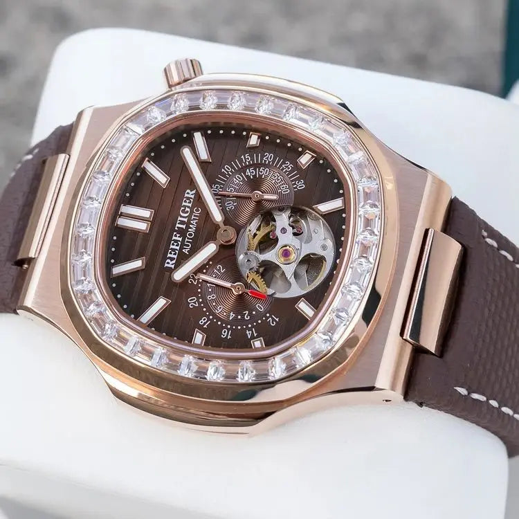 OBLVLO Men Automatic Watch Luxury 44mm Mechanical Wristwatch 50m Waterproof Sapphire Luminous Skeleton Dial 24 Hours