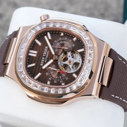 OBLVLO Men Automatic Watch Luxury 44mm Mechanical Wristwatch 50m Waterproof Sapphire Luminous Skeleton Dial 24 Hours