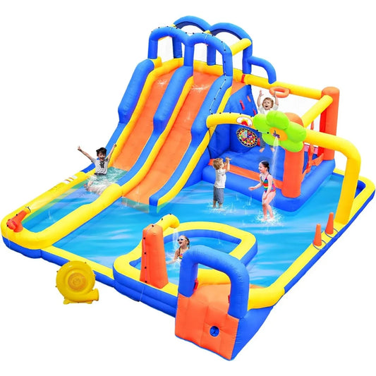 Inflatable Bounce House with Blower Triple Slide Park Dartboard Ring Toss Game Climbing Wall for Kids Outdoor Garden Party