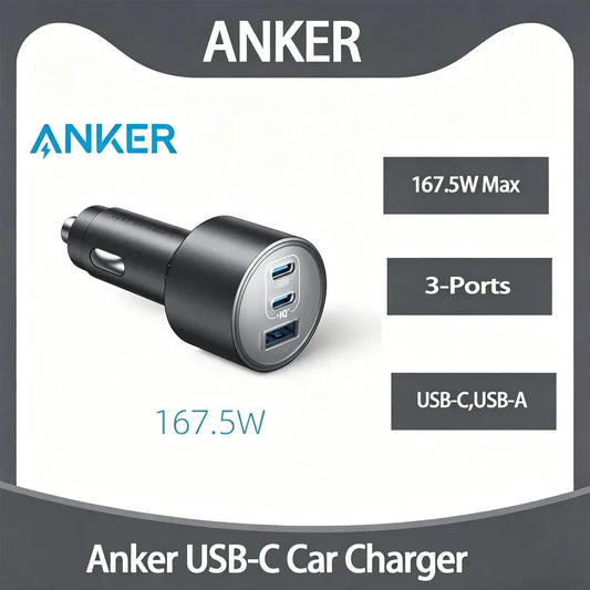 Anker Original 167.5W 3-Port USB C Car Charger Type C USB A Fast Charging Adapter for MacBook iPhone Samsung Laptop Phone