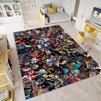 VIKAMA Classic Retro Horror VHS Tape Area Rug, Distressed and Machine-Washable Floor Mat, Living Room Rug, Home Decor