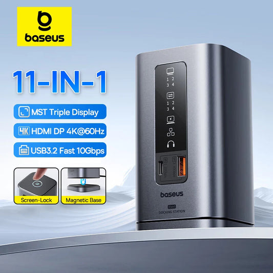 Baseus 11-IN-1 USB C HUB HDMI DP 4K@60Hz MST Triple Display USB 3.2 Splitter with RJ45 3.5mm Mic PD100W Magnetic Docking Station