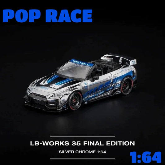 POPRACE 1:64 Nissan GTR R35 LBWK silver plated die-casting alloy simulation car model, a favorite gift and souvenir for boys.