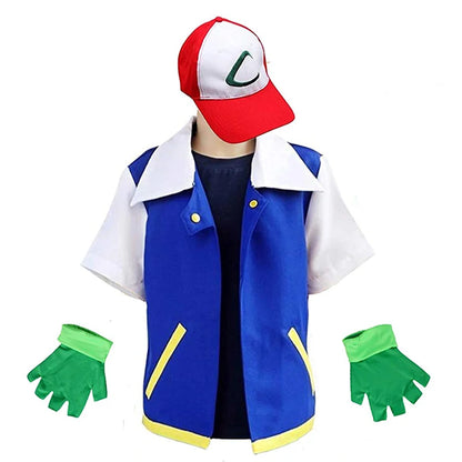 Pokemon Anime Ash Ketchum Costumes Adult Kids Halloween Trainer Cosplay Party Blue Jacket Cap and Gloves Sets  Role Play Clothes