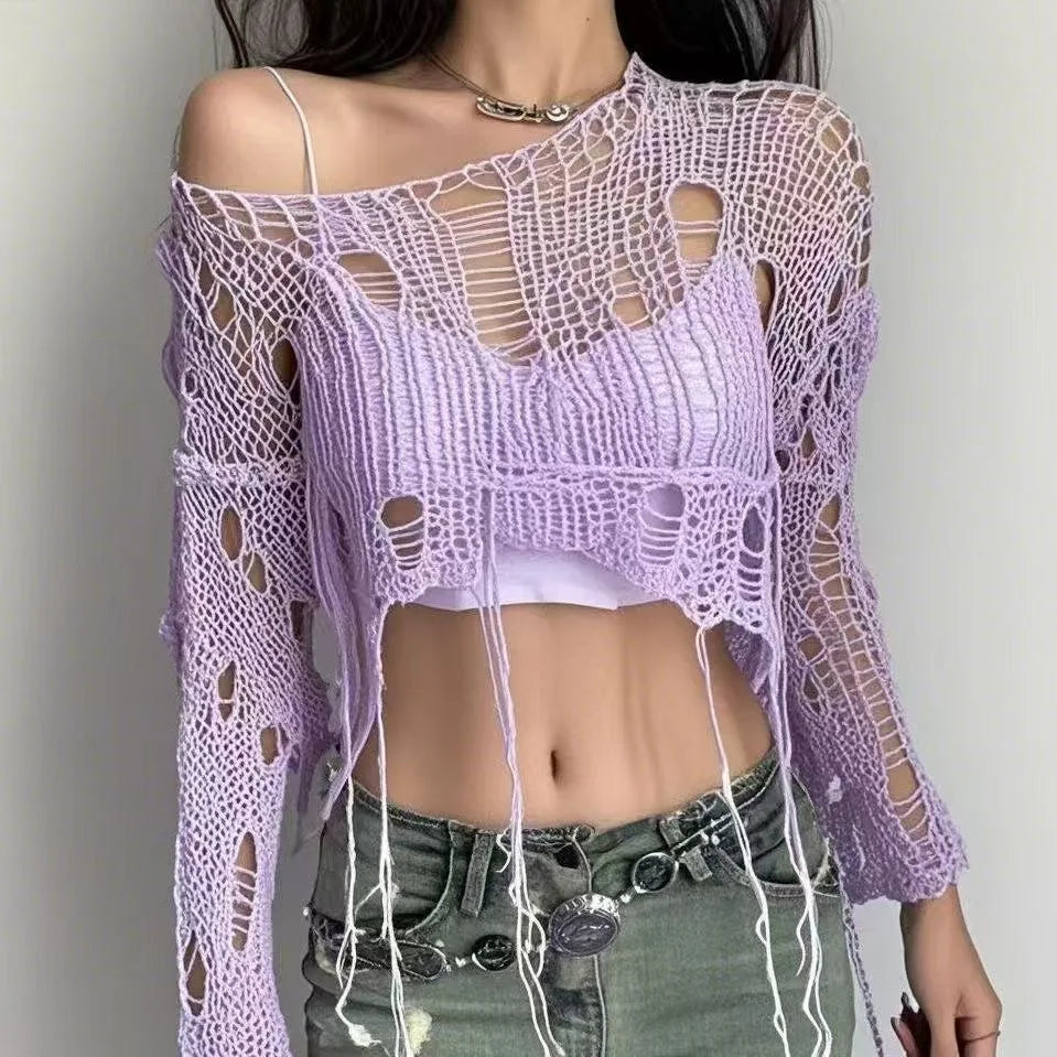Solid Slash Neck Grunge Knitted Women's Sweater Hole Ripped Pullover Crop Top Harajuku Hollow Out Sexy Summer Jumpers All Match