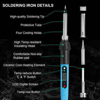 80W 19-in-1 Soldering Iron Kit– LCD Digital Adjustable Temp Welding Tool for Electronics, with Solder Wire, Tips & On/Off Switch