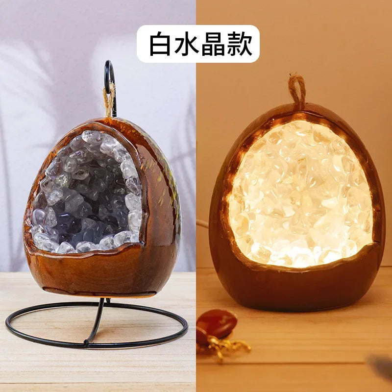 Natural Amethyst Cave Table Lamp Dinosaur Egg Bedroom LED Night Light Bedside Lamp Amethyst Flower Handicraft Home Decoration