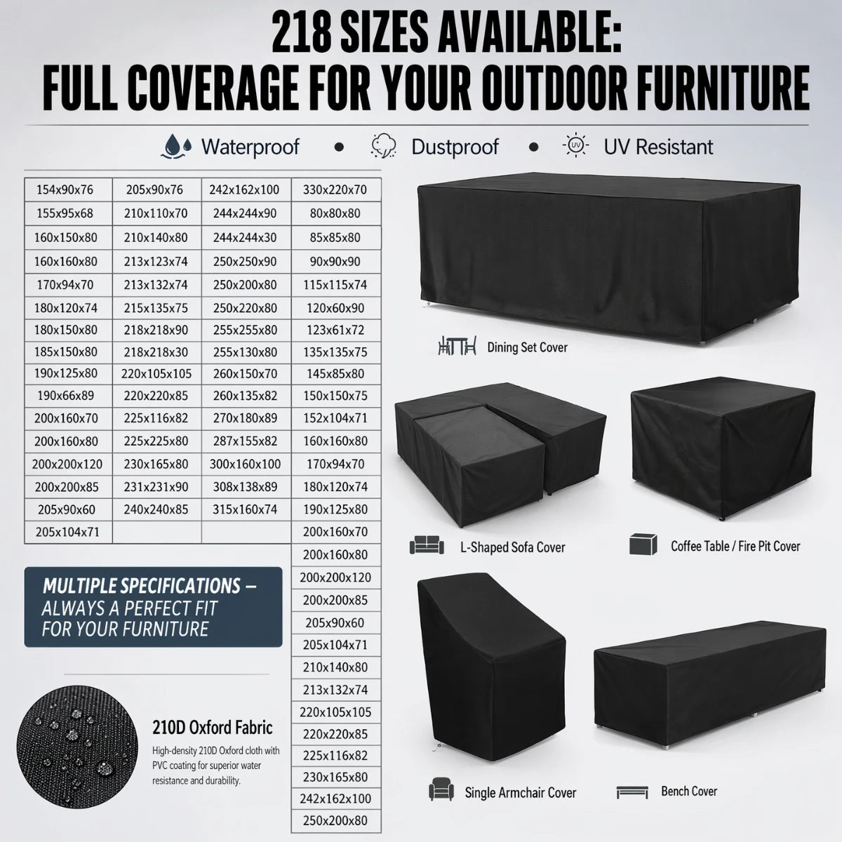 218 Sizes of Patio Furniture Covers, Table and Chair Covers, Waterproof, Dustproof, UV-proof 210D Oxford Cloth Protective Cover