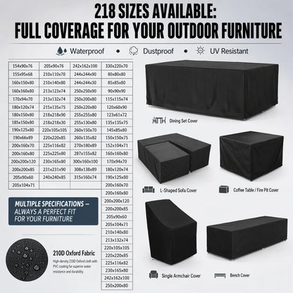 218 Sizes of Patio Furniture Covers, Table and Chair Covers, Waterproof, Dustproof, UV-proof 210D Oxford Cloth Protective Cover