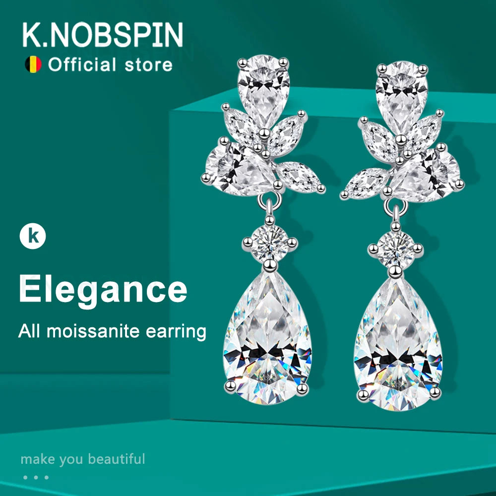 KNOBSPIN All Moissanite Earrings for Women Wedding Party Luxury Earring Jewelry s925 Sterling Sliver Plated 18k Gold Ear Stud