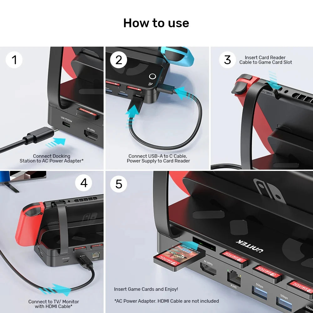 G1002G Switch Docking Station with 4K HDMI Gigabit Ethernet USB HUB PD100W Charging 4-in-1 Game Card Reader for Nintendo Switch