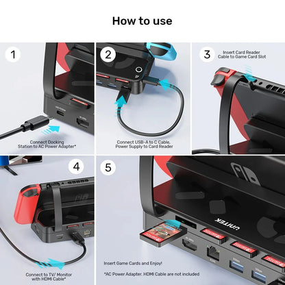 G1002G Switch Docking Station with 4K HDMI Gigabit Ethernet USB HUB PD100W Charging 4-in-1 Game Card Reader for Nintendo Switch