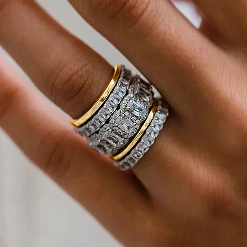 Huitan Brilliant 5Pcs Ring Set with Sparkling Cubic Zirconia Luxury Wedding Jewelry Set for Women Fashionable Finger Accessories