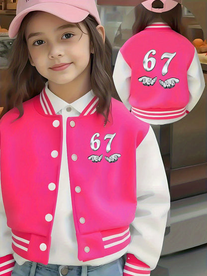 Six Seven Girls' Short Baseball Jacket - Casual Sports School Uniform with "67" Pattern, Trendy Girls' Clothing, Teenage Girls' Outfits, Children's Outdoor and Indoor Activity Sports Jacket, Girls' Autumn and Winter Seasonal