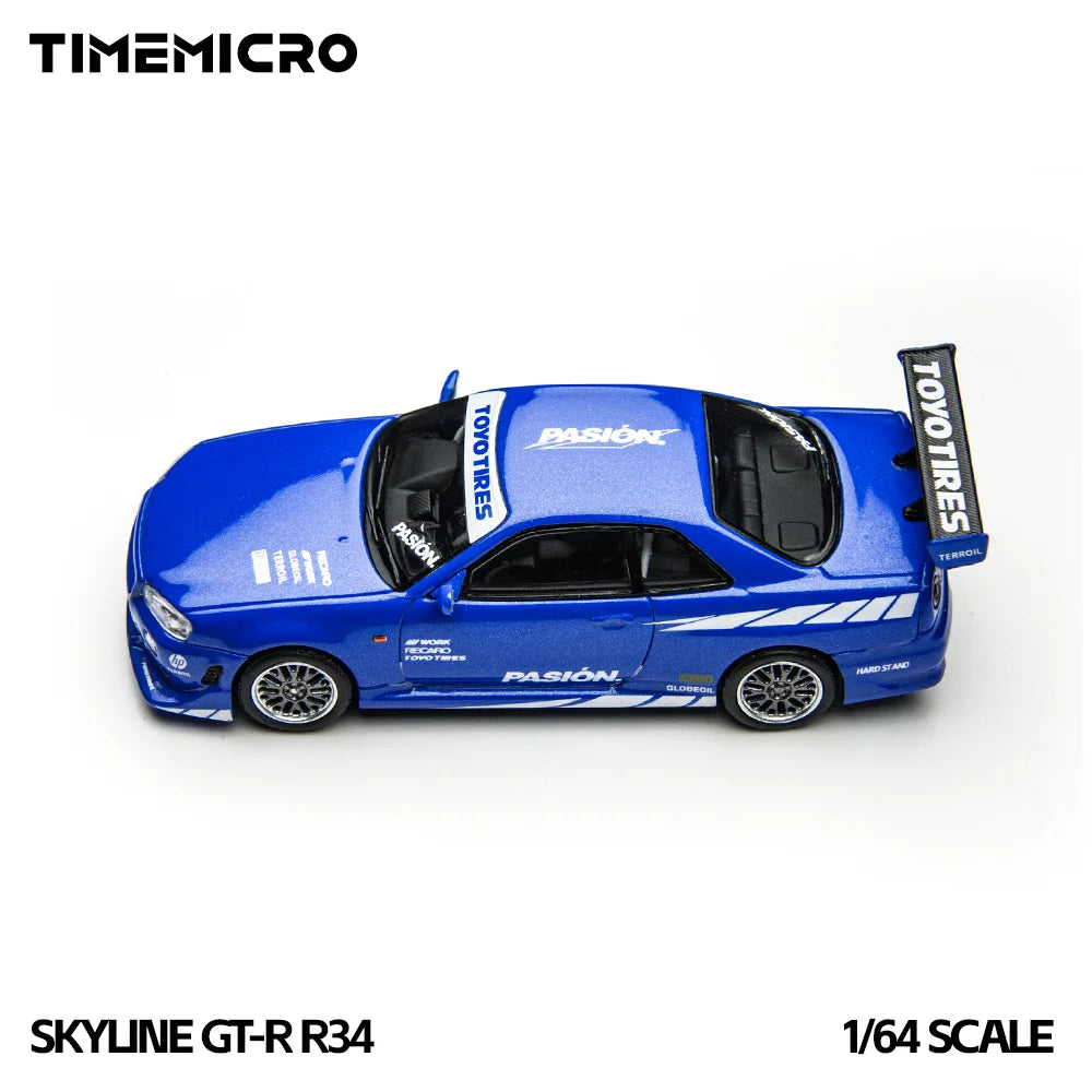 TimeMicro1:64 Skyline GT-R R34 Simulation Alloy Vehicle Model Passion Blue Diecast Car For Collection Display Gift