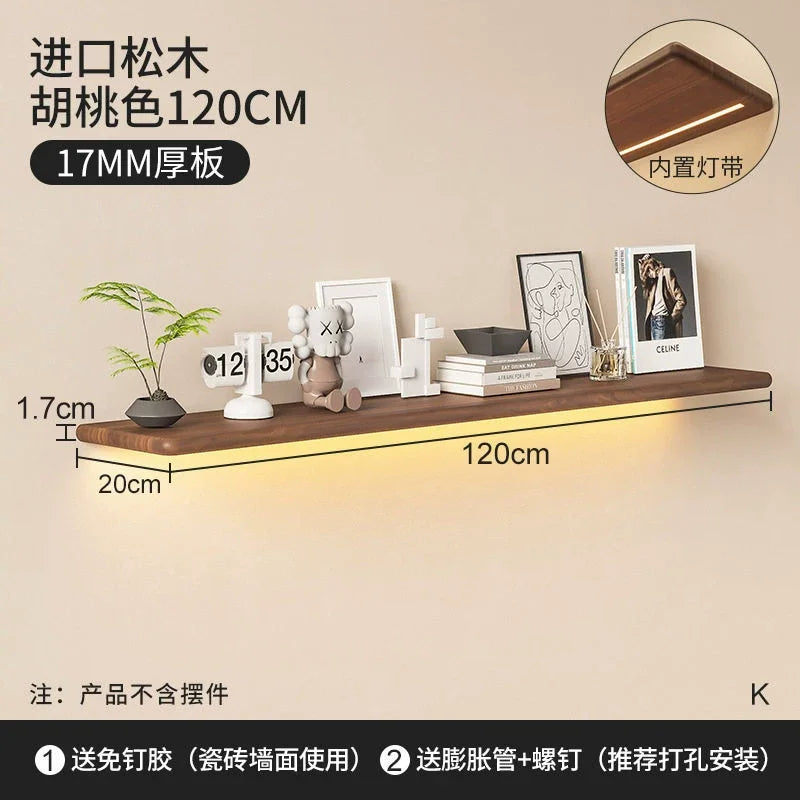 Solid wood luminous laminate wall shelf built-in LED light wall one-word shelf bookshelf honor wall display shelf