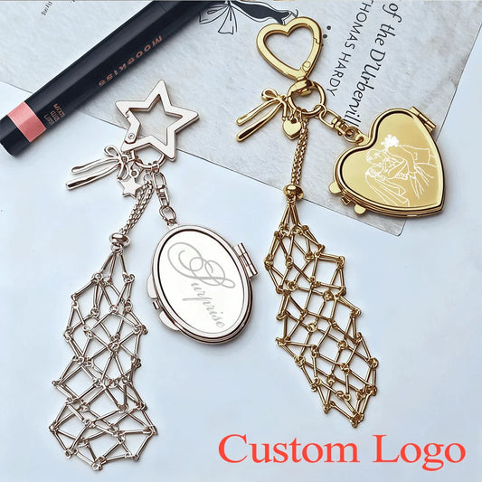 Custom Logo Y2k Popular Metal Gold Lipstick Mesh Pouch Keychain Pendant Portable Keyring Mirror Protective Key Chain Woman Ring