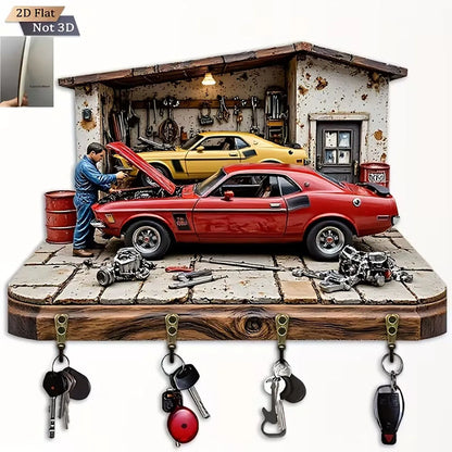2D Flat Classic Muscle Car Garage Key Holder, 4 Hooks Wooden Wall Mount, Retro Mechanic Print Key Rack for Men