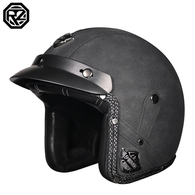 ORZ New PU Leather 3/4 Retro Cruising Motorcycle Helmet Summer Scooter Half Helmet with Mask Windshield DOT Approval