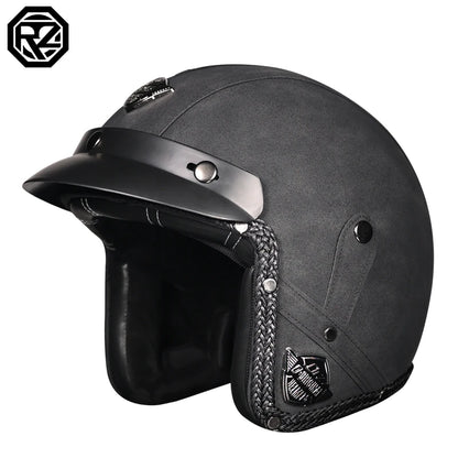 ORZ New PU Leather 3/4 Retro Cruising Motorcycle Helmet Summer Scooter Half Helmet with Mask Windshield DOT Approval