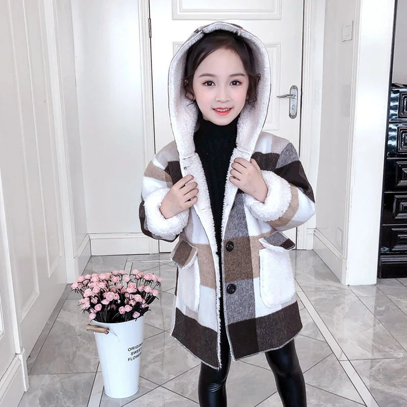 Winter Girls Lamb Fleece Coat Warm Hooded Outerwear Fashion Woolen Long Coat Children Clothing Teeange Girls Jackets 4-12Y