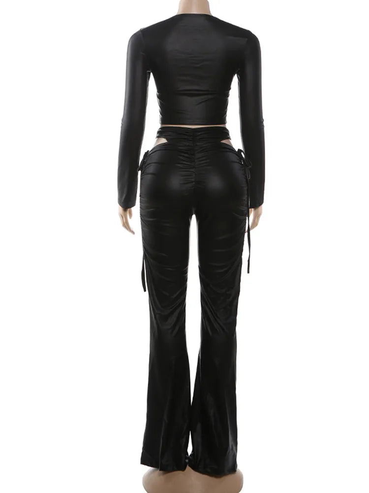 Sisterlinda Hollow Shirring Sexy 2 Piece Set Women Hipster Full Sleeve Crop Tops+High-Waist Flare Pants Matching Streetwear