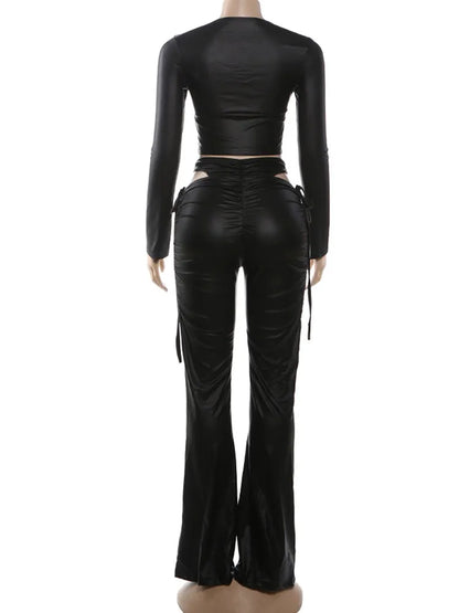 Sisterlinda Hollow Shirring Sexy 2 Piece Set Women Hipster Full Sleeve Crop Tops+High-Waist Flare Pants Matching Streetwear