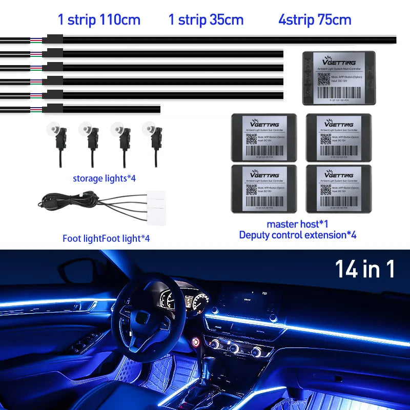 Full Color Streamer Car Ambient Lights RGB 64 Color Universal LED Interior Hidden Acrylic Strip Symphony Atmosphere Lamp