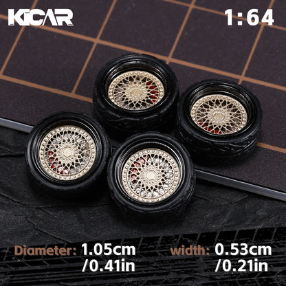 Kicarmod 1/64 10.5mm Alloy Model Wheels with Magnetic Hub Caps-with Rubber Tires for Tomica Custom Diecast Cars