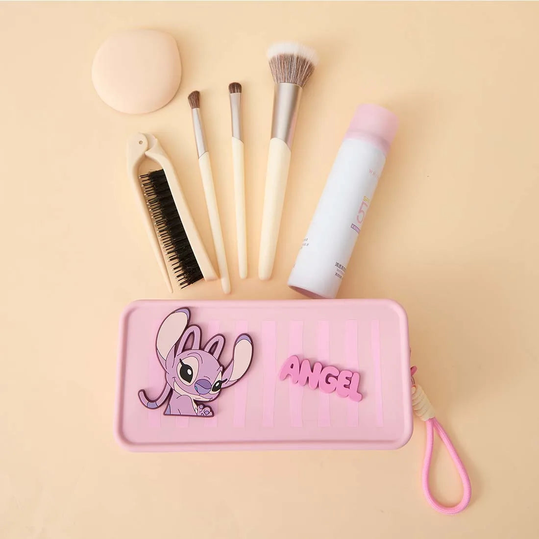 MINISO Disney Stitch Angel Silicone Cosmetic Bag Cute Pink Makeup Organizer Pouch Portable Zipper Toiletry Bag with Wrist Strap
