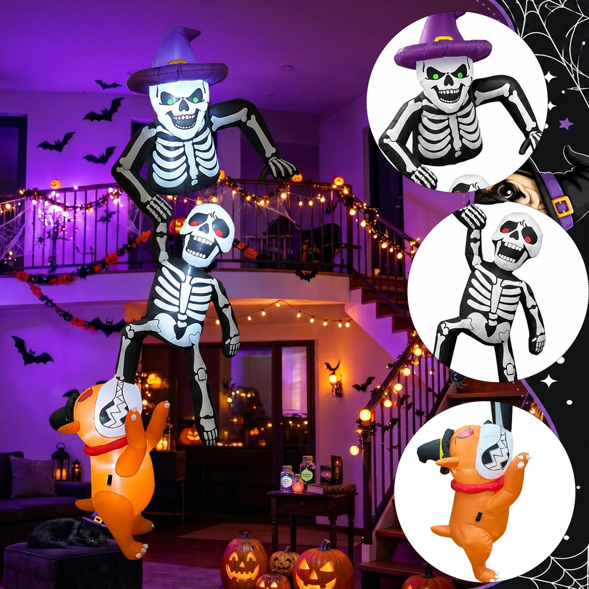8FT Outdoor Inflatable Halloween Decoration Skeleton with Dog Biting Climbing Design for Patios Rooftops And Parties