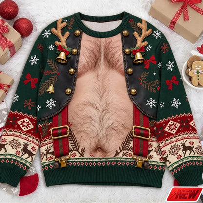 Xmas Sweatshirt Men Funny Cosplay 3D Print Fake Sweater Knit Reindeer Snowflake Pattern Festive Gift New Long Sleeve Sweatshirt