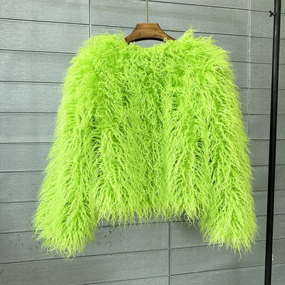 Women's Fur Coat Colorful Furry Pink Lamb Wool Faux Fur Coat Female Shaggy Sheepskin Coat Winter Artificial Fur Jacket