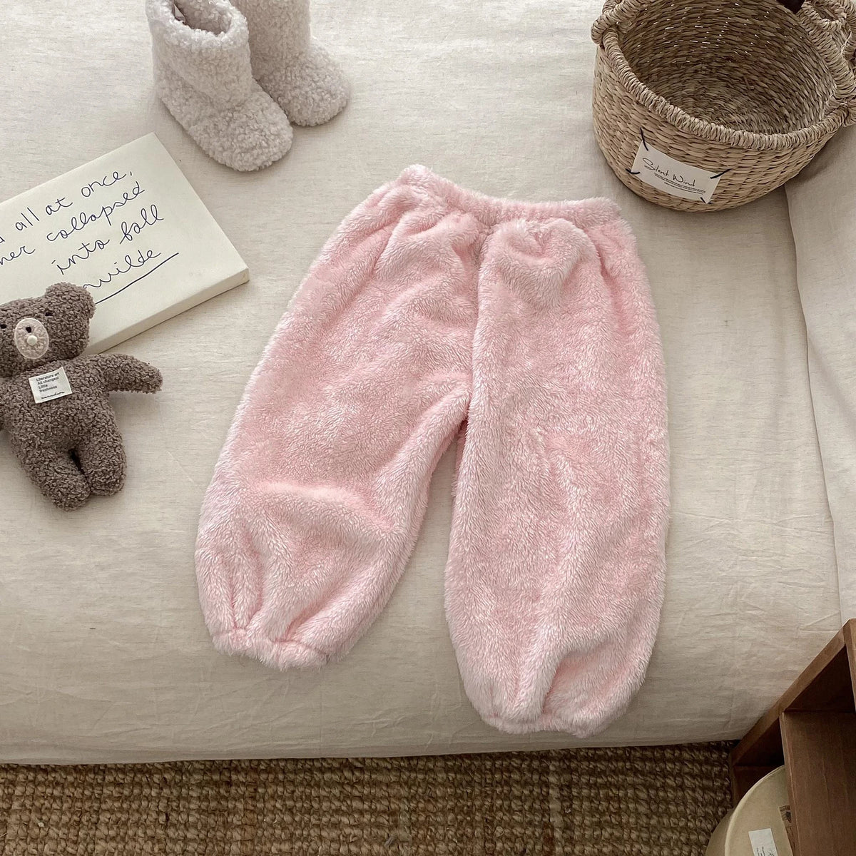 Solid Color Simple Casual Trousers Children's Home Clothes Autumn Winter Warm Plush Long Pant Baby Girls Boys Clothing Pants