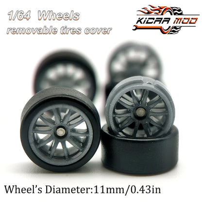1/64 RLC Premium Wheels with Rubber Slick Tires for 10 Spokes Model Car Refitting Parts D:11mm (1 Set)