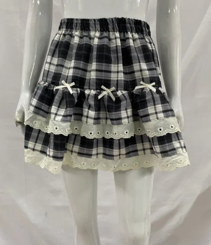Sweet Cool Kawaii Y2K Puff Mini Skirt Women's Plaid High-Waist Lace Patchwork Bow Casual Dating Skirt  Lolita School Performance