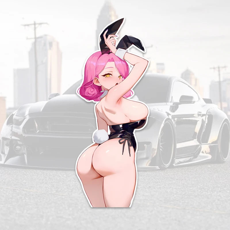 anime rabbit ear car stickers featuring a character in a stylish pose against a car backdrop.