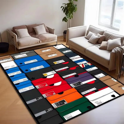 VIKAMA Trendy Shoe Box Print Living Room Rug, Street-Style Non-Slip Washable Floor Mat, Home Decor for Gaming Rooms and Bedrooms