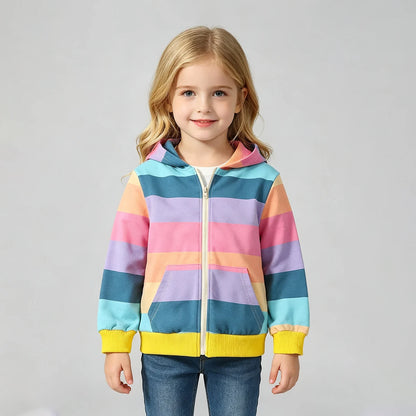Girls' Trendy Casual Hooded Sports Jacket Multi-Color Striped Long Sleeve Coat Spring Autumn Fashion Outerwear for Kids