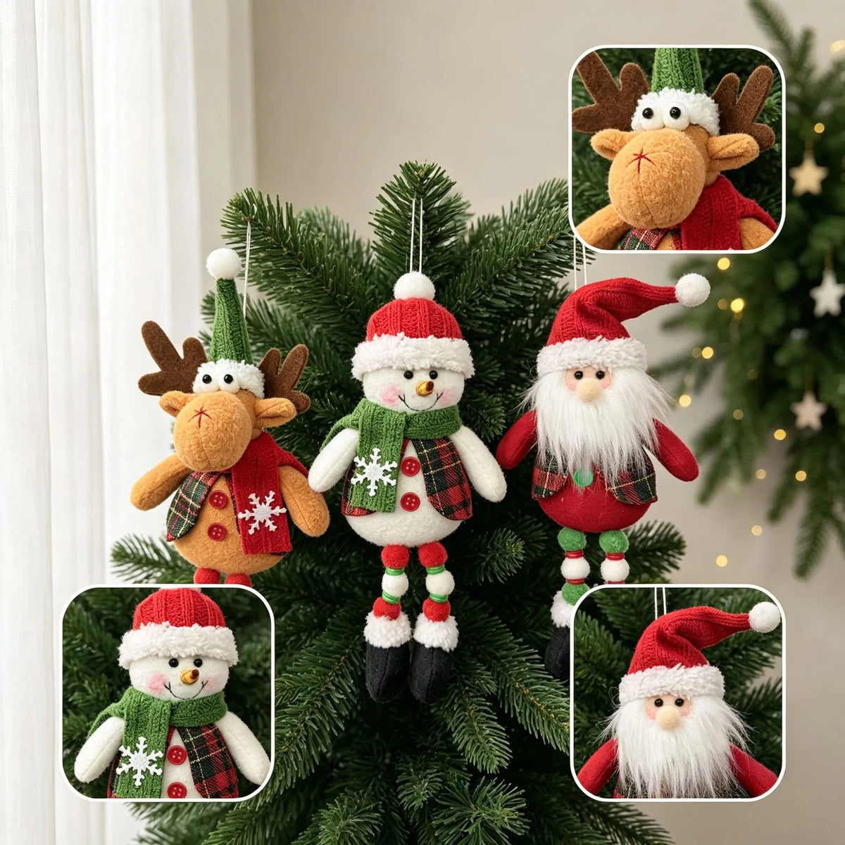 Christmas Tree Plush Hanging Ornaments Santa Snowman Reindeer Doll Pendants Tartan Cloth Xmas Home Holiday Party Decoration Gift