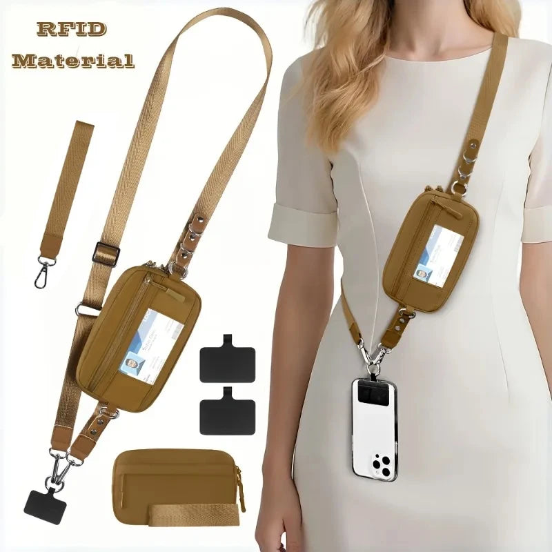 Trend Stripes Diagonal Cross Mobile Phone Lanyard Strap with Multifunctional Wallet Portable Storage Bag for Travel Anti Loss