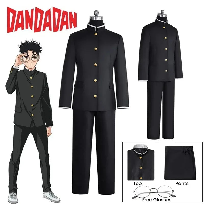 Ken Takakura Cosplay Costume Wig Anime Dandadan Okarun School Uniform Black Jacket Pants Gakuran Glasses Halloween Party Men