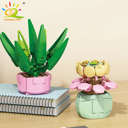 HUIQIBAO MOC Flower Succulent Potted Model Building Block DIY Eternal Bouquet Home Desk Plant Decor Brick Girl Gift Children Toy