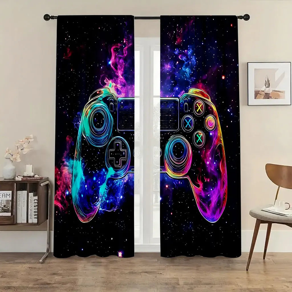 2PC Neon "Game Night" Curtains - Vibrant Gaming Print Window Drapes for Boys Bedroom Game Room Decor
