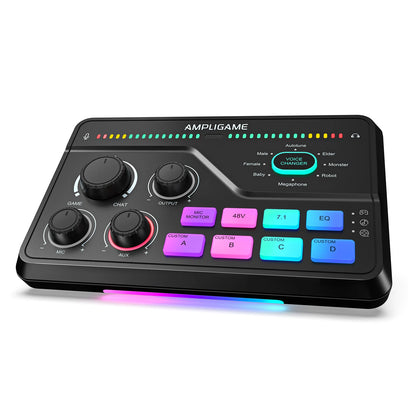 FIFINE SC8 Audio Mixer with RGB Lighting & Voice Changer, XLR Mic Preamp, 3 EQ Modes, Plug & Play for Gaming/Streaming/Podcast
