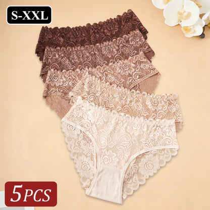 5PCS/Set Hot Selling New Cotton Women's Underwear Elegant Floral Lace Panties Breathable Solid Color Hollow Sexy Briefs Lingerie