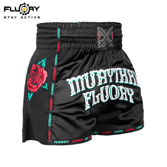 FLUORY Heavy Industries' Microfiber Embroidered Muay Thai Shorts, Rose Men's and Women's Gym Muay Thai Shorts, Boxing Pants