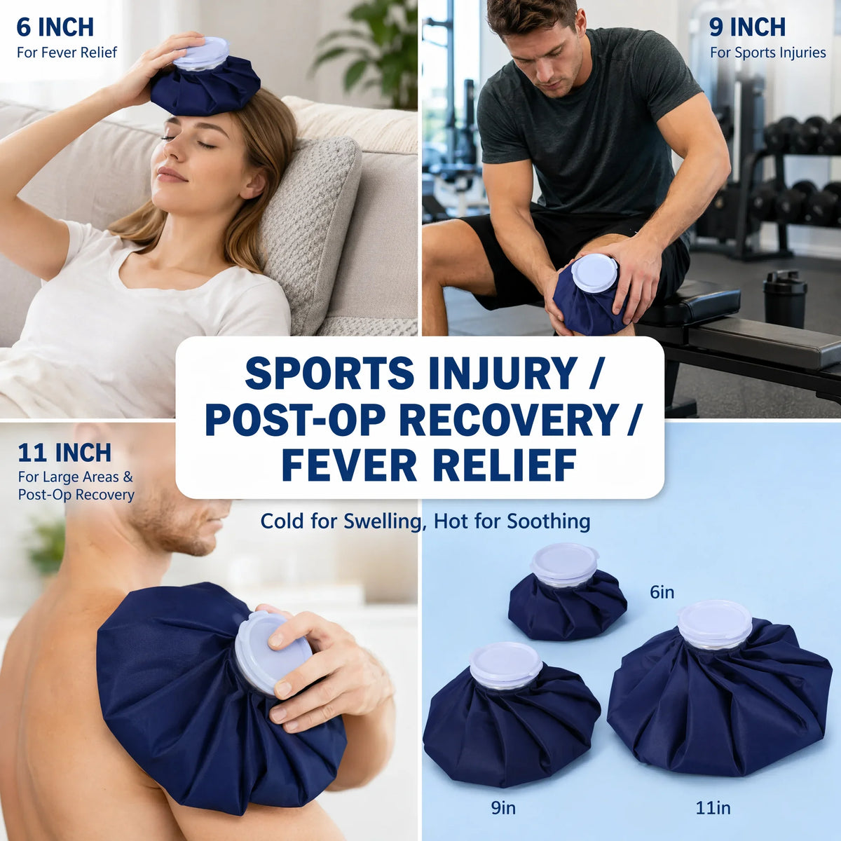 Reusable Ice Pack Hot Cold Therapy Bag, 6/9/11 Inch Waterproof Ice Bag for Injuries, Pain Relief, Fever, Muscle Aches, Sports Re