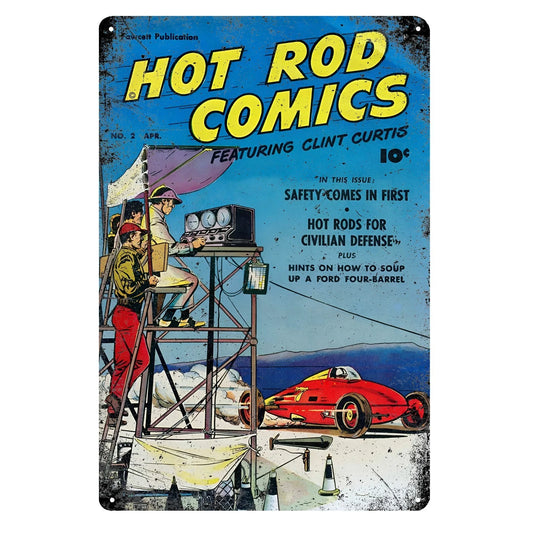 Vintage Hot Rod Comics Car Metal Poster -  Garage Tin Sign, Retro Automotive Decor with Classic Cars, Easy Hang with Pre-Drilled